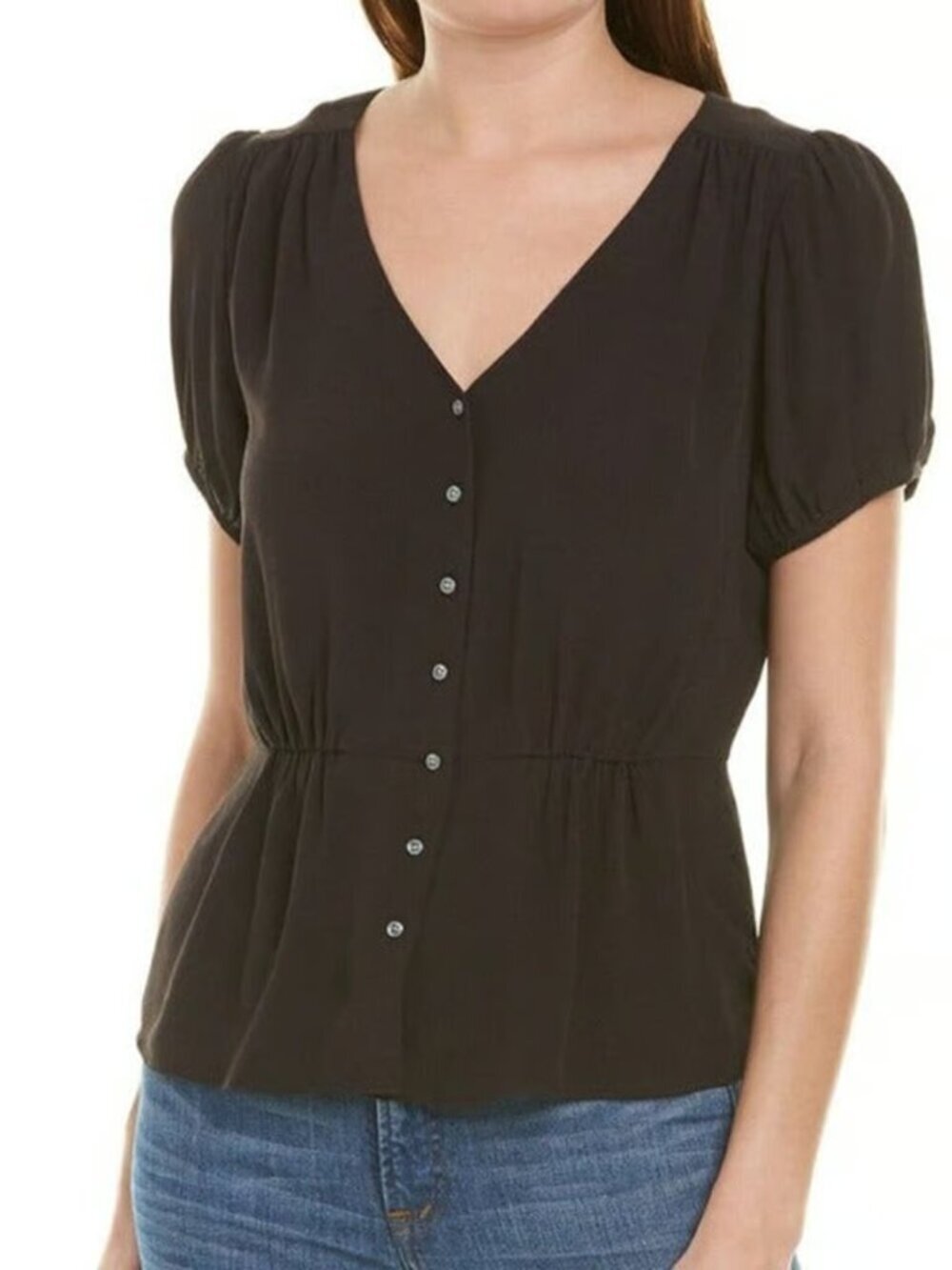 J.Crew Black Button Front Peplum Top V-Neck Short Sleeve Blouse Size Medium NWT